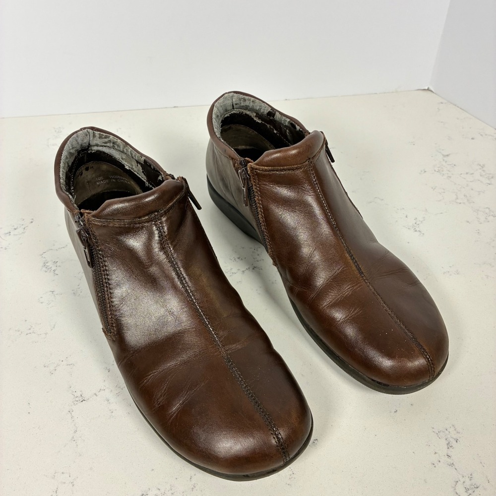 Walking Cradles Ankle Boots 10S Brown Leather Dual Zip Low Wedge Booties Comfy